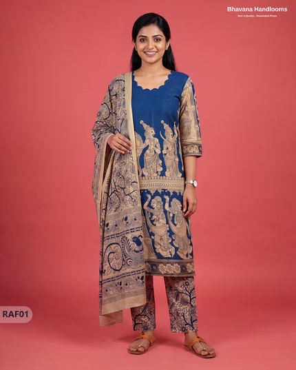 Premium Kalamkari Ramayanam Design 3PC Kurti Set with Elastic Bottom | Blue Ethnic Wear