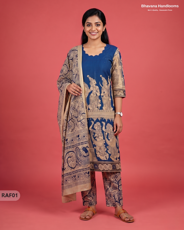 Premium Kalamkari Ramayanam Design 3PC Kurti Set with Elastic Bottom | Blue Ethnic Wear