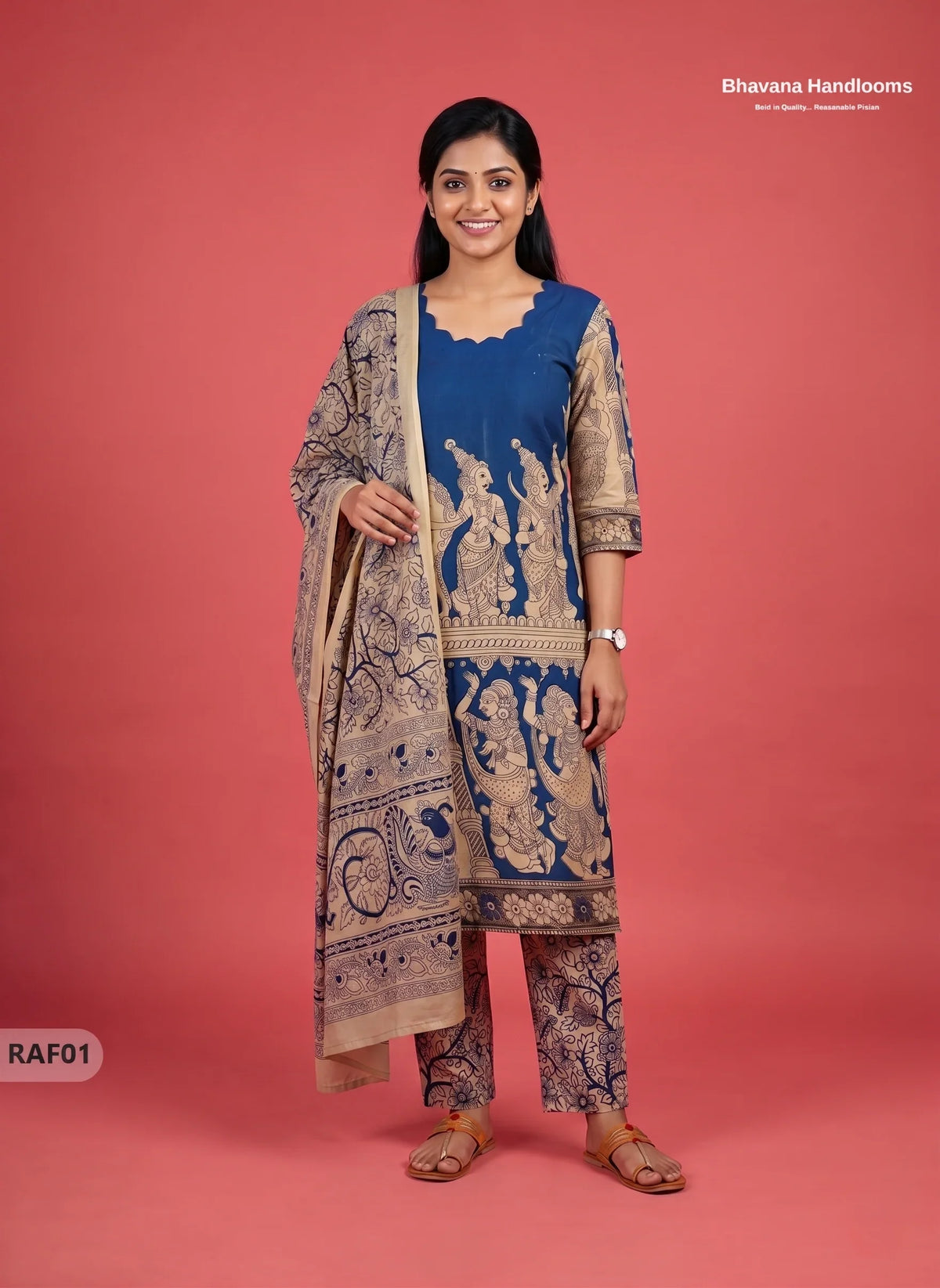Premium Kalamkari Ramayanam Design 3PC Kurti Set with Elastic Bottom | Blue Ethnic Wear