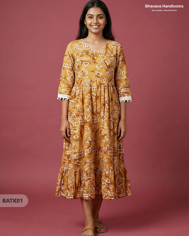 Handmade Batik Frock with Natural Dye – Potli Ball Neck Design Bronze Colour with Half Lining