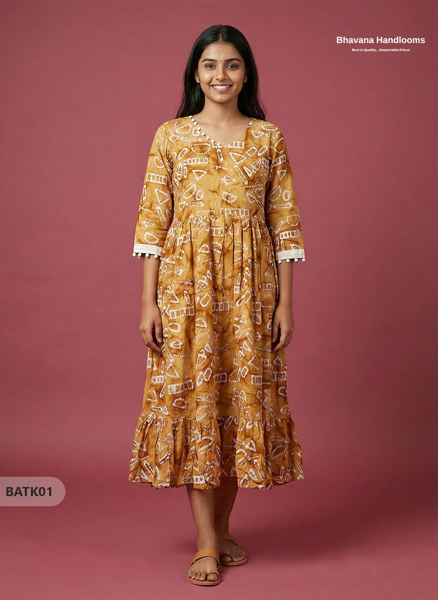 Handmade Batik Frock with Natural Dye – Potli Ball Neck Design Bronze Colour with Half Lining