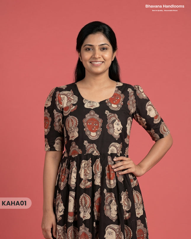 Kathakali Design Kalamkari Frock – Black Colour with Half Lining