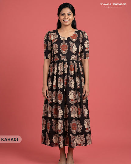 Kathakali Design Kalamkari Frock – Black Colour with Half Lining