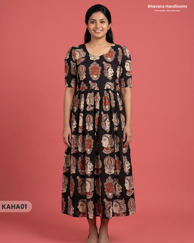 Kathakali Design Kalamkari Frock – Black Colour with Half Lining