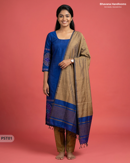 Pochampally Semi Pattu 3PC Kurti Set in Blue Colour | Ready-to-Wear Ethnic Wear