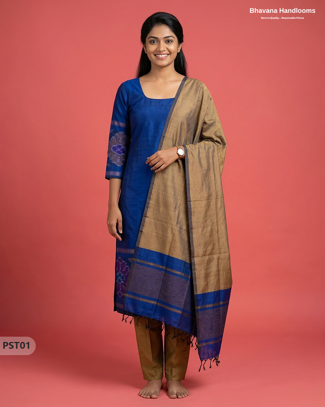 Pochampally Semi Pattu 3PC Kurti Set in Blue Colour | Ready-to-Wear Ethnic Wear