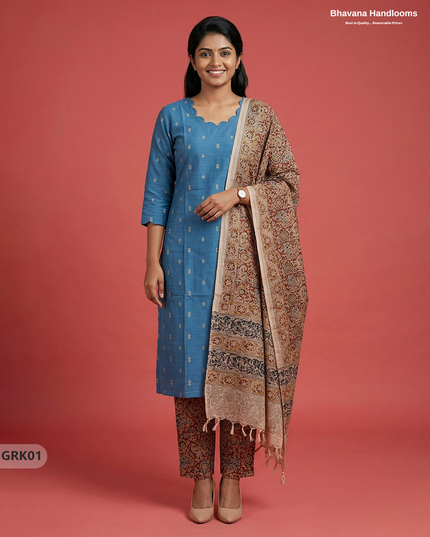 Raw Silk 3PC Kurti Set with Kalamkari Dupatta & Elastic Bottom in Sky Blue Colour | Ethnic Wear