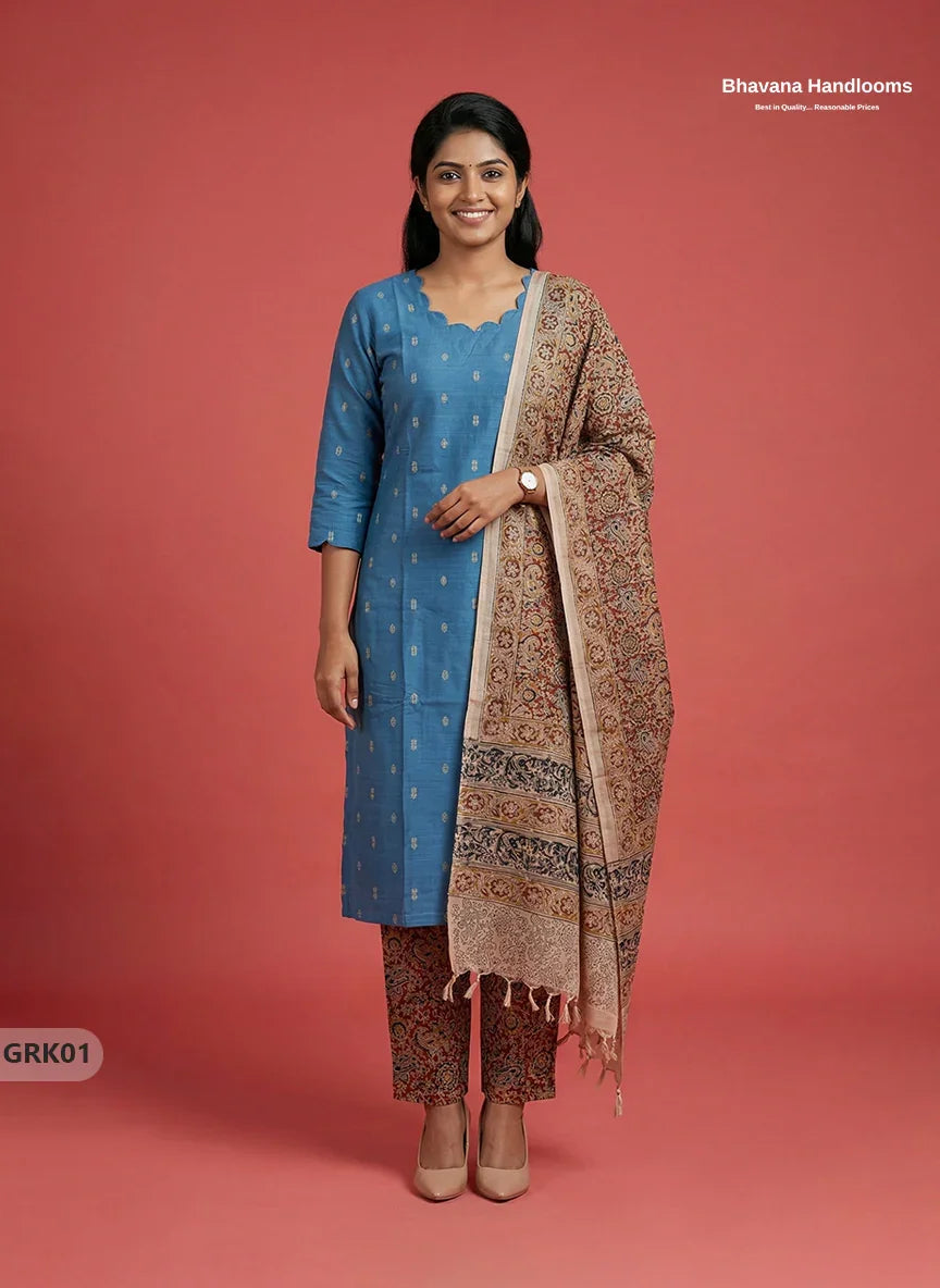 Raw Silk 3PC Kurti Set with Kalamkari Dupatta & Elastic Bottom in Sky Blue Colour | Ethnic Wear
