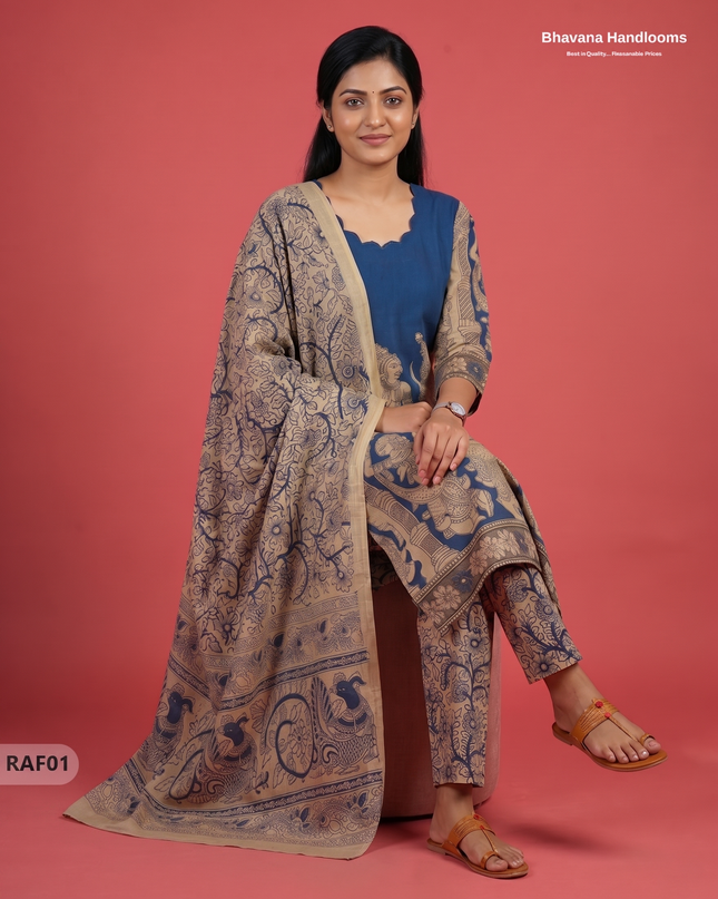 Premium Kalamkari Ramayanam Design 3PC Kurti Set with Elastic Bottom | Blue Ethnic Wear