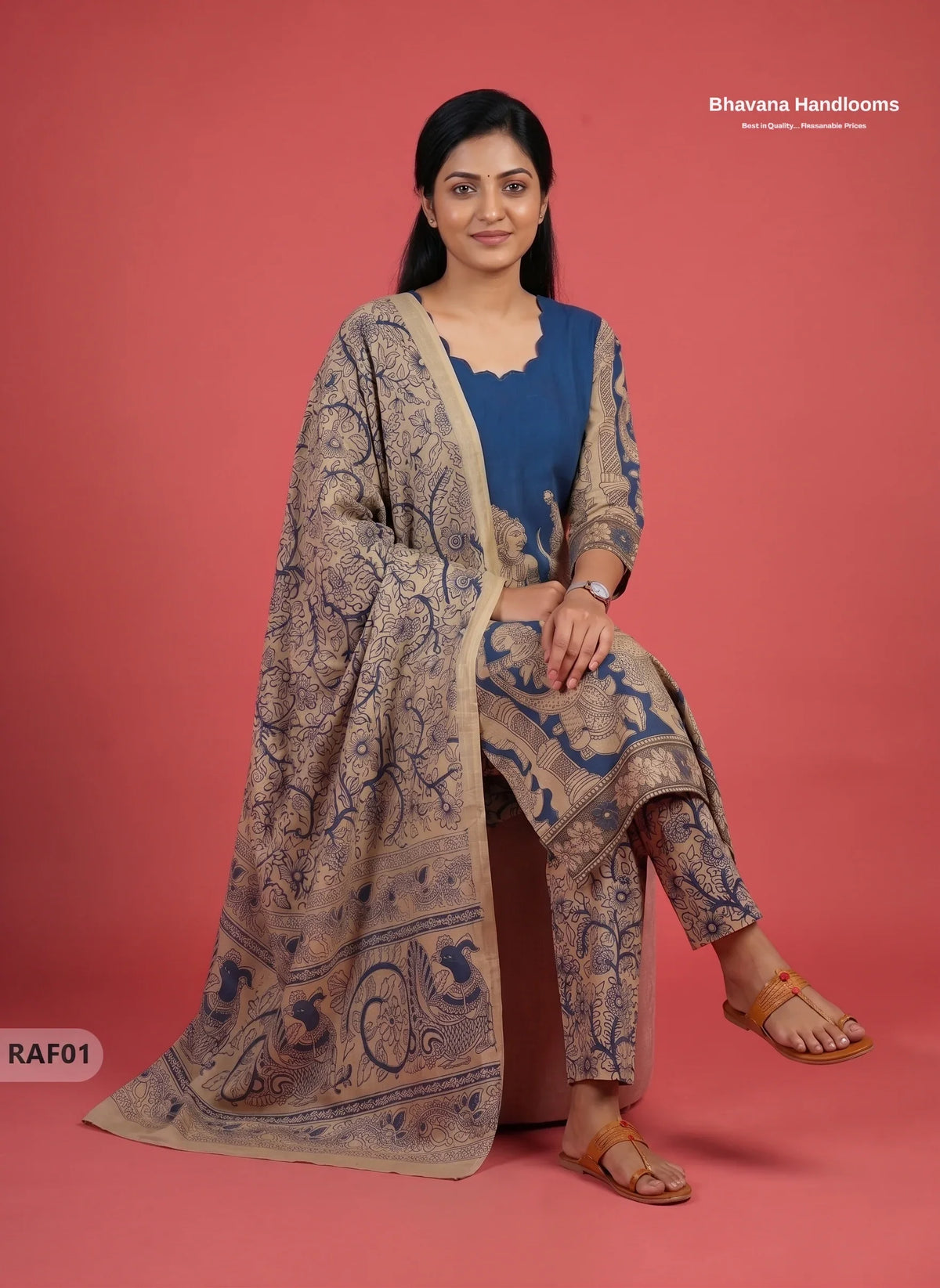 Premium Kalamkari Ramayanam Design 3PC Kurti Set with Elastic Bottom | Blue Ethnic Wear
