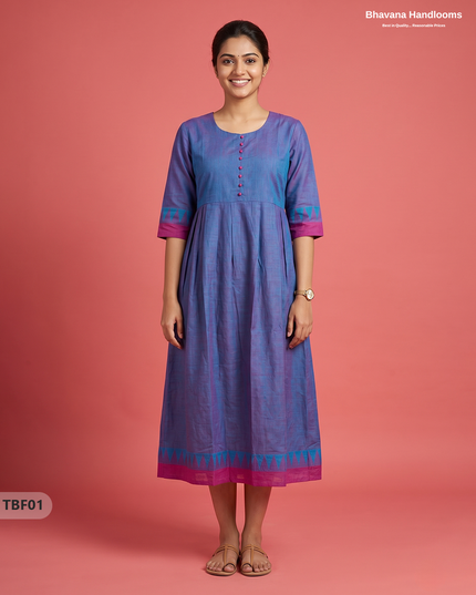 Premium Mangalagiri Temple Border Frock with Potli Buttons | Dusty blue with purple undertonesColour | Half Lining