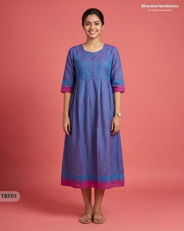 Premium Mangalagiri Temple Border Frock with Potli Buttons | Dusty blue with purple undertonesColour | Half Lining