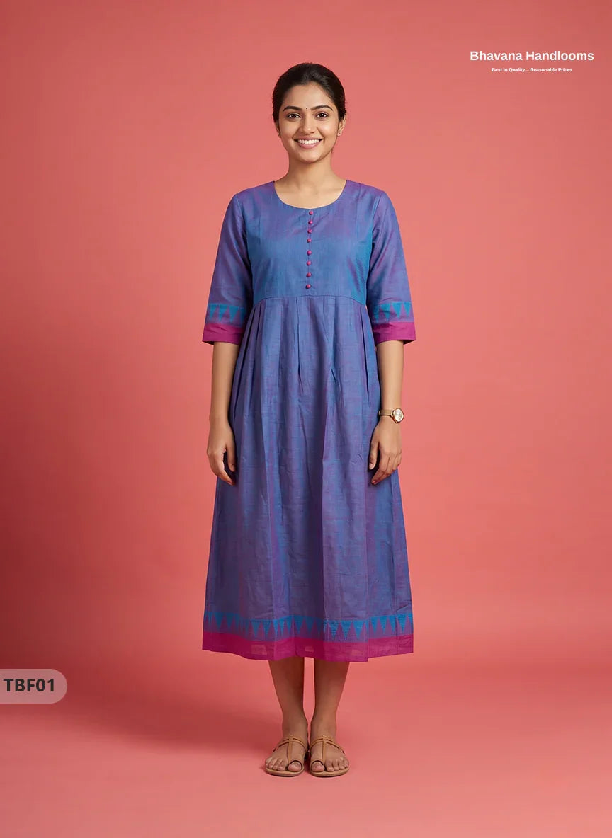 Premium Mangalagiri Temple Border Frock with Potli Buttons | Dusty blue with purple undertonesColour | Half Lining