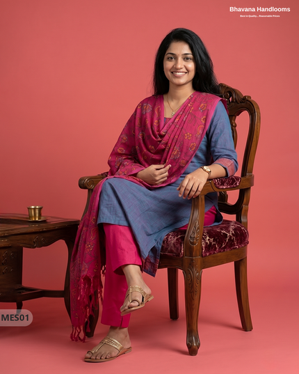 Premium Mangalagiri Kurti Set with Embroidery Design, Threads Bottom & Printed Dupatta – Slate Blue Colour
