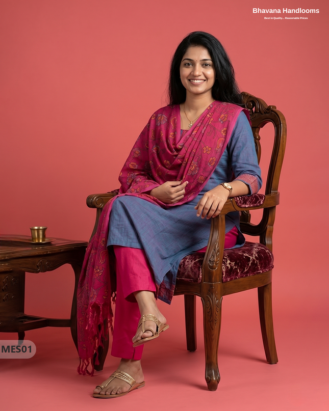 Premium Mangalagiri Kurti Set with Embroidery Design, Threads Bottom & Printed Dupatta – Slate Blue Colour