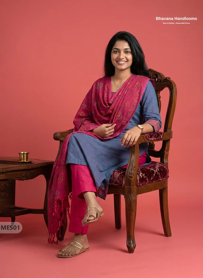 Premium Mangalagiri Kurti Set with Embroidery Design, Threads Bottom & Printed Dupatta – Slate Blue Colour