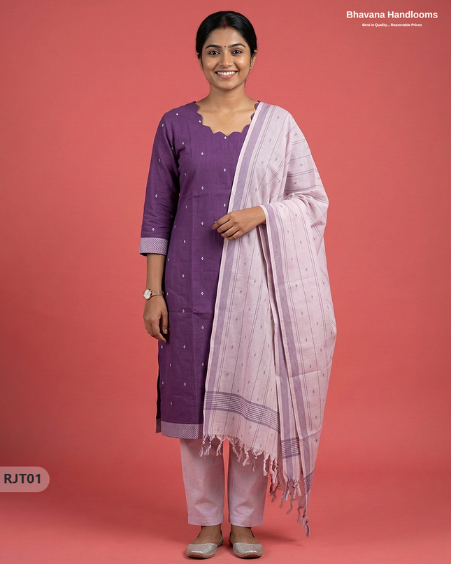Premium Handloom Woveen 3PC Kurti Set with Handloom Dupatta | Lavender Colour Ethnic Wear
