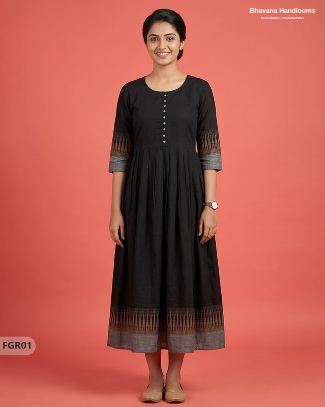 Summer Special Premium Cotton Handloom Frock with Woven Design | Black Colour