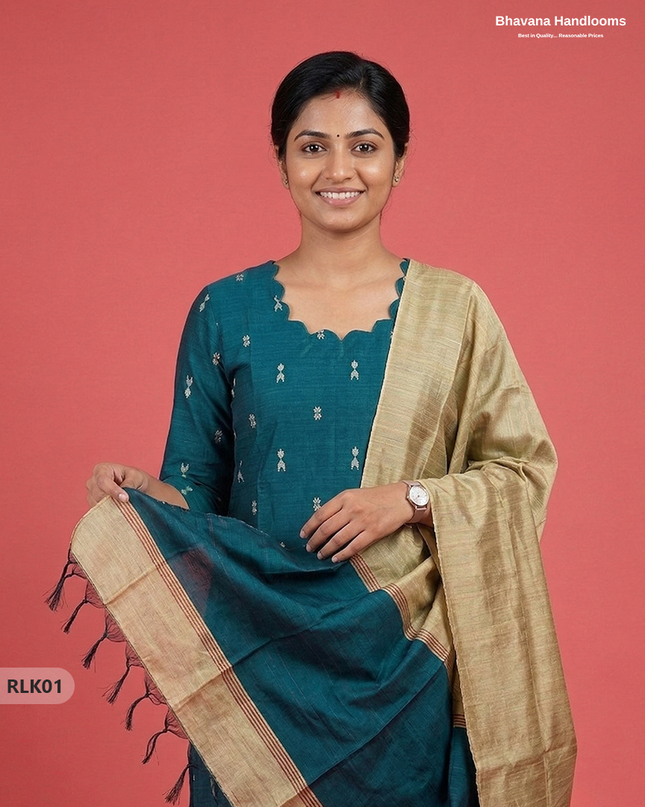 Raw Silk 2PC Set in Dark Green Colour | Top & Bottom Only Ethnic Wear