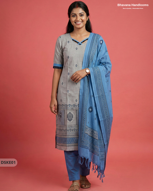 Stylish Grey Sky Blue Designer Kurti Set | 3Pc Ready-to-Wear Outfit