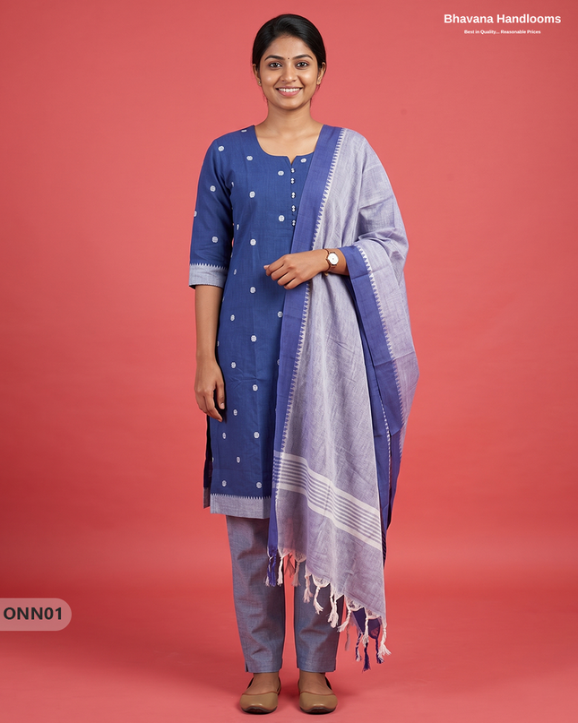 Mangalagiri Premium Cotton 3PC Set with Full-Length Lining & Elastic Pocket Bottom – Tealish Blue colour