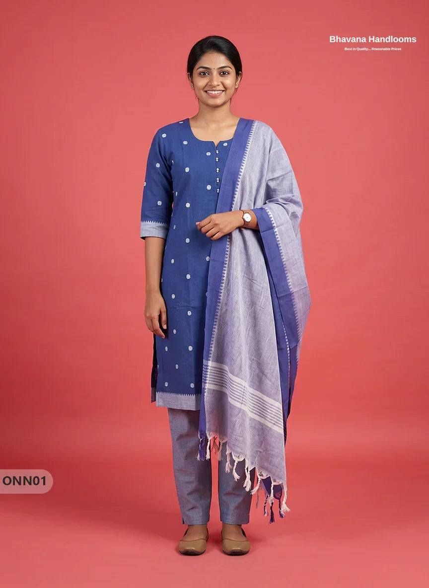 Mangalagiri Premium Cotton 3PC Set with Full-Length Lining & Elastic Pocket Bottom – Tealish Blue colour