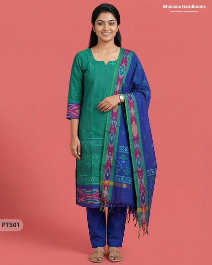 Traditional Pochampally Border 3PC Kurti Set with Dupatta in Green colour | Ready-to-Wear Ethnic Set