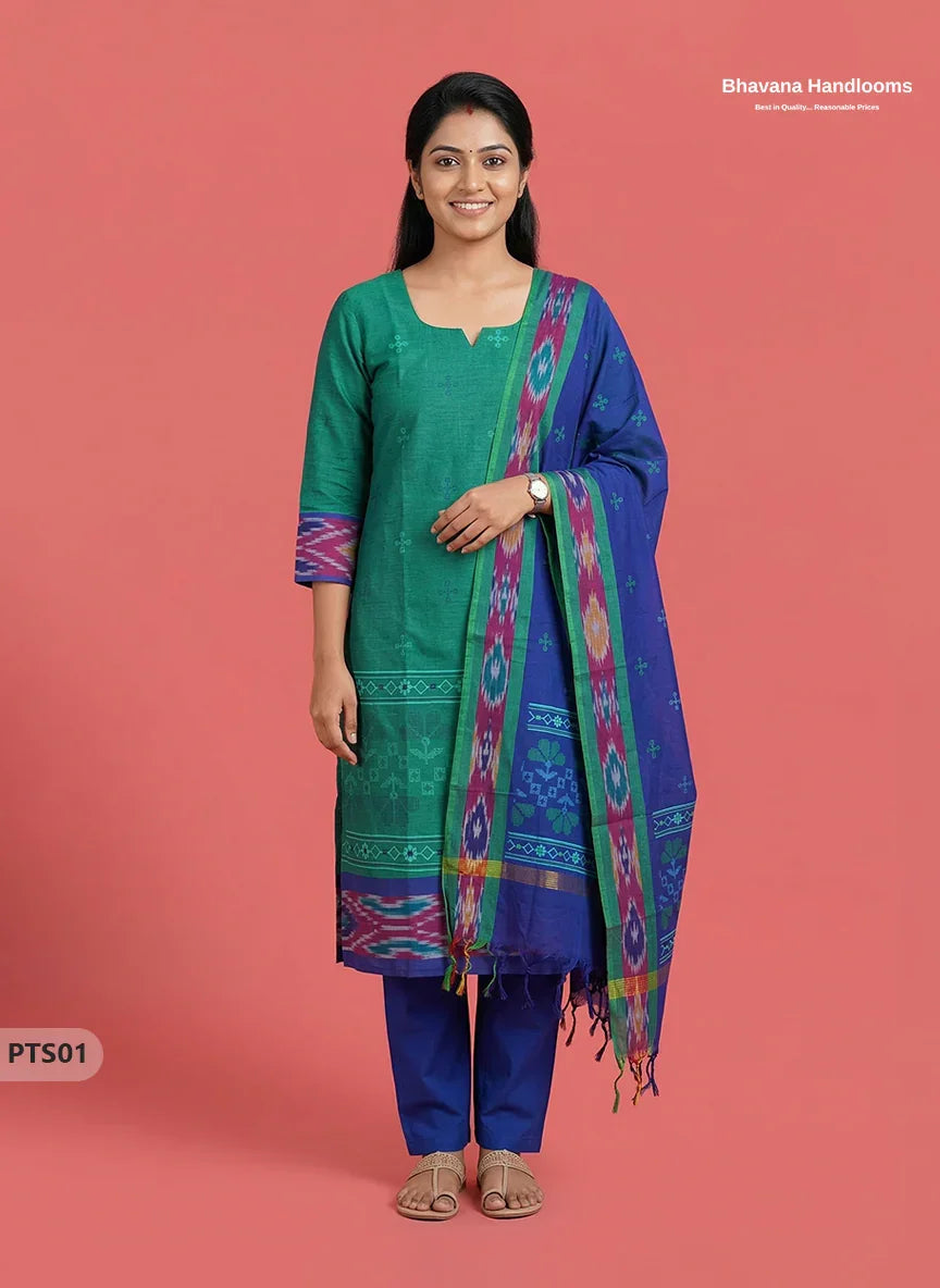 Traditional Pochampally Border 3PC Kurti Set with Dupatta in Green colour | Ready-to-Wear Ethnic Set
