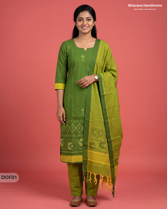 Mangalagiri Handloom Printed Cotton Kurti Set Green Colour with Elastic Bottom | Ready-to-Wear Ethnic Wear