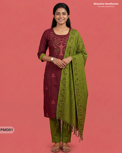 Premium Dark Red Kurti Set with Birds Print & Mirror Finishing | Ready-to-Wear