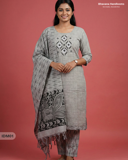 Premium Ikkat Kalamkari Printed Ready-to-Wear Dress in Gray | Full Length Lining