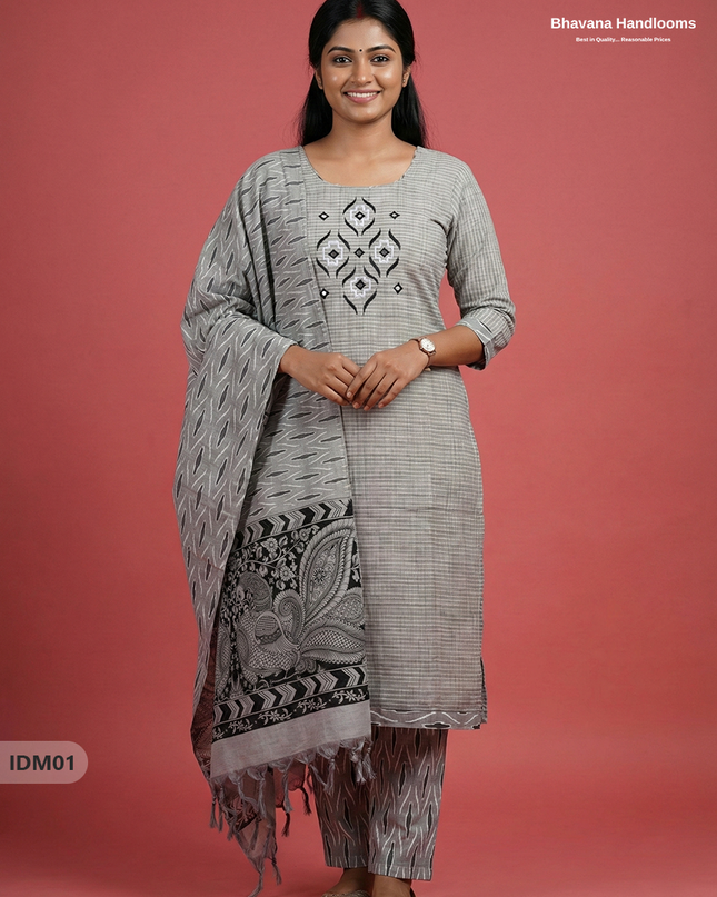Premium Ikkat Kalamkari Printed Ready-to-Wear Dress in Gray | Full Length Lining
