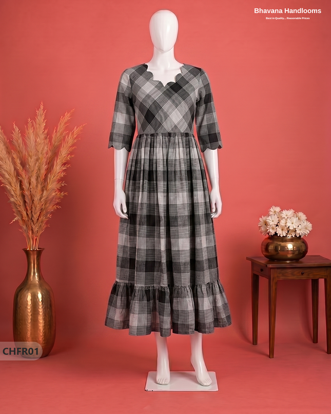 Handloom Cotton Frock in Silver Gray & Black Checks with Stylish Neck Cut Work | Soft & Comfortable
