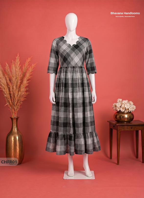 Mangalagiri Cotton Frock in Silver Gray & Black Checks with Stylish Neck Cut Work | Soft & Comfortable