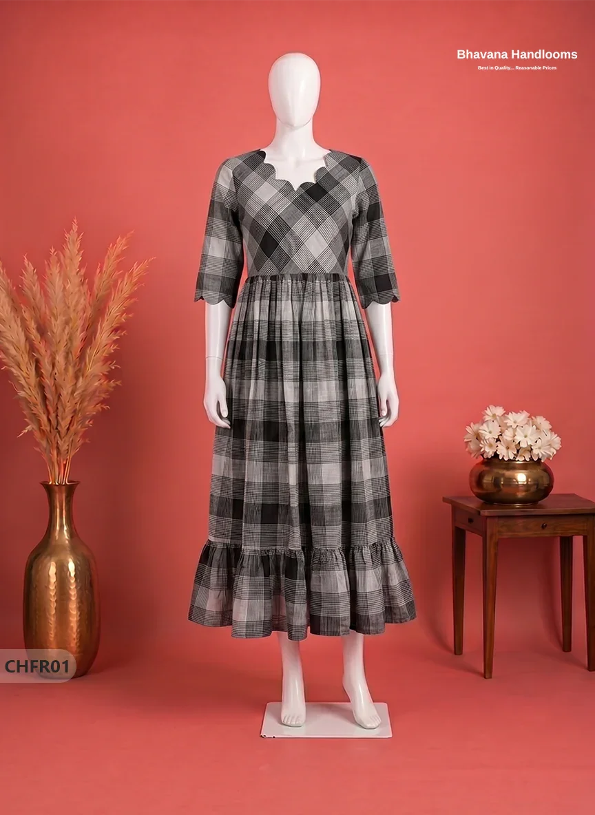 Mangalagiri Cotton Frock in Silver Gray & Black Checks with Stylish Neck Cut Work
