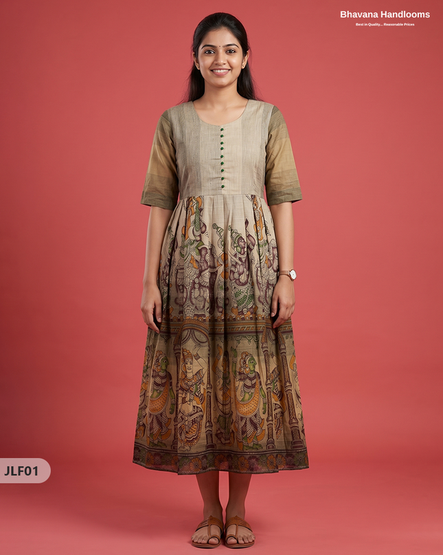 Traditional Handloom Frock with Ramayanam Design Prints in Multi Colour Shades | Beige Colour