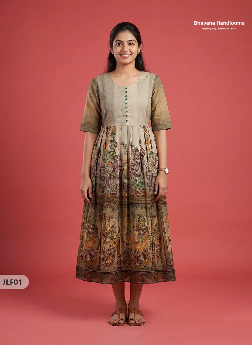 Traditional Handloom Frock with Ramayanam Design Prints in Multi Colour Shades | Beige Colour