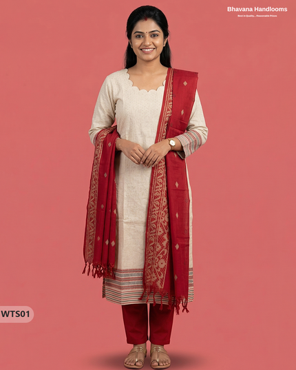Stylish Handloom Jacquard 3PC Kurti Set with Printed Dupatta & Half White Kurti