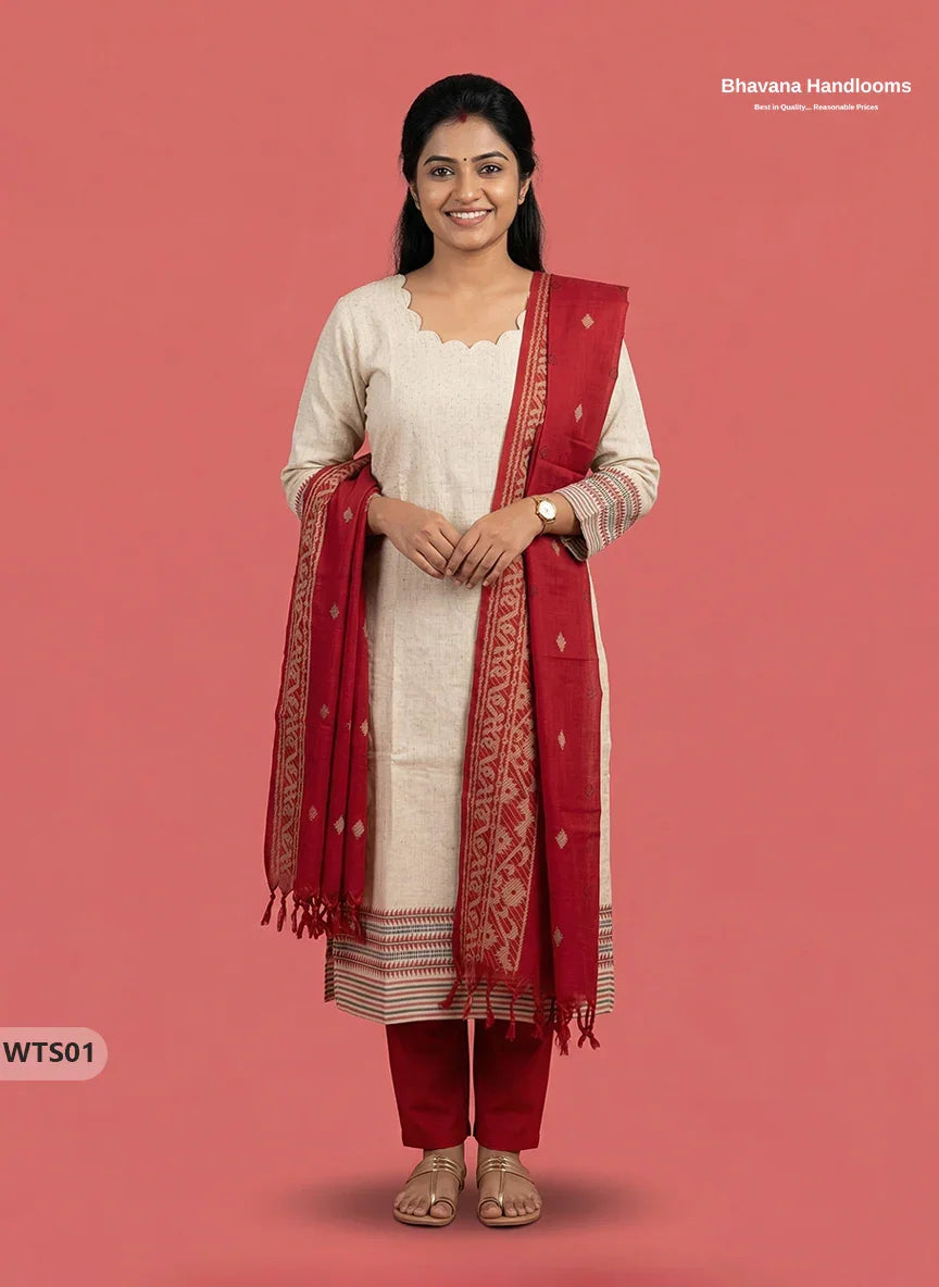 Stylish Handloom Jacquard 3PC Kurti Set with Printed Dupatta & Half White Kurti