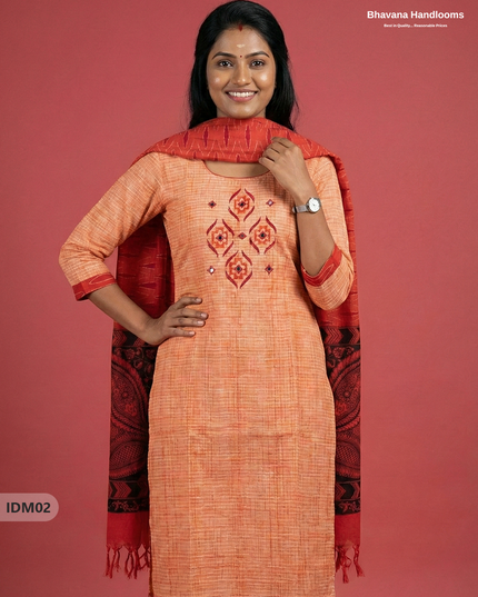 Premium Ikkat Kalamkari Printed Ready-to-Wear Dress in Orange | Full Length Lining