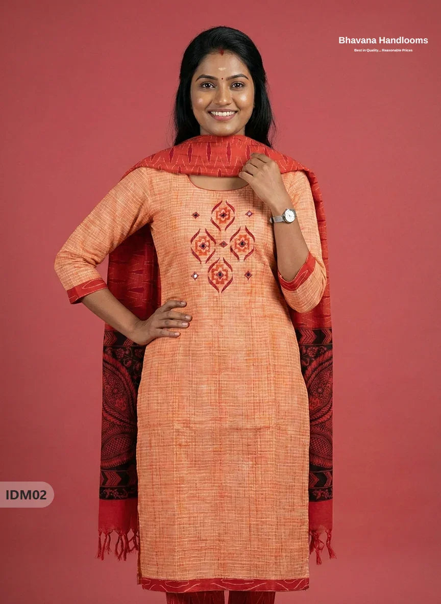 Premium Ikkat Kalamkari Printed Ready-to-Wear Dress in Orange | Full Length Lining