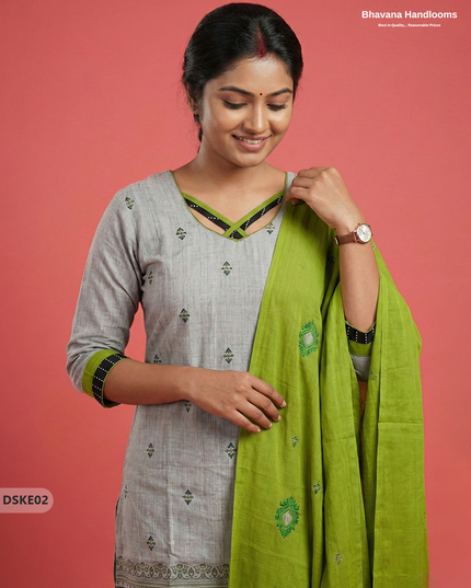 Stylish Grey Green Designer Kurti Set | 3Pc Ready-to-Wear Outfit