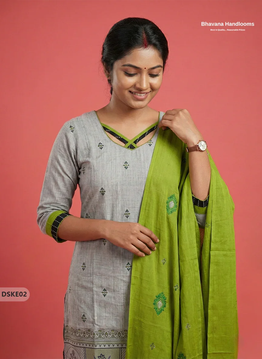 Stylish Grey Green Designer Kurti Set | 3Pc Ready-to-Wear Outfit