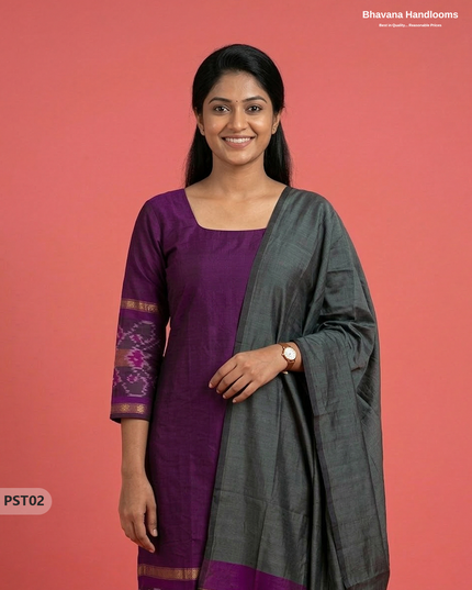 Pochampally Semi Pattu 3PC Kurti Set in Purple Colour | Ready-to-Wear Ethnic Wear