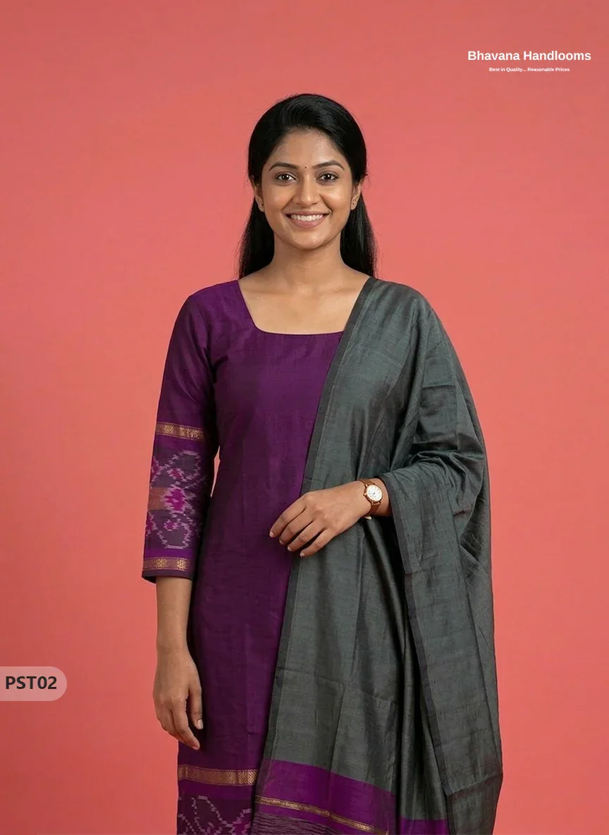 Pochampally Semi Pattu 3PC Kurti Set in Purple Colour | Ready-to-Wear Ethnic Wear