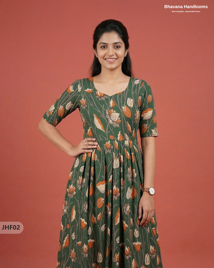 Kalamkari Design Frock – Dark Green Colour | Handloom Ethnic Wear with Half Lining