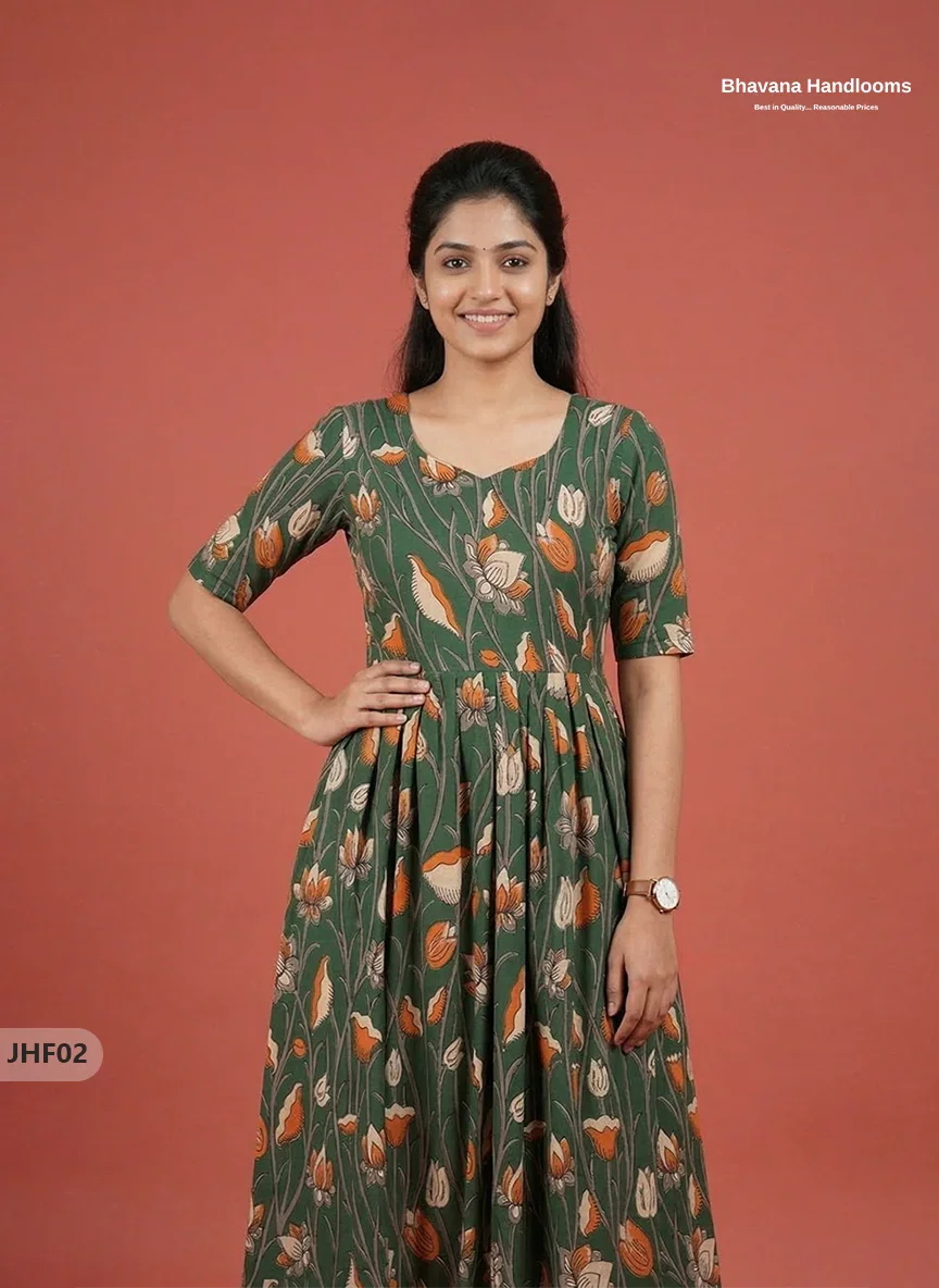 Kalamkari Design Frock – Dark Green Colour | Handloom Ethnic Wear with Half Lining