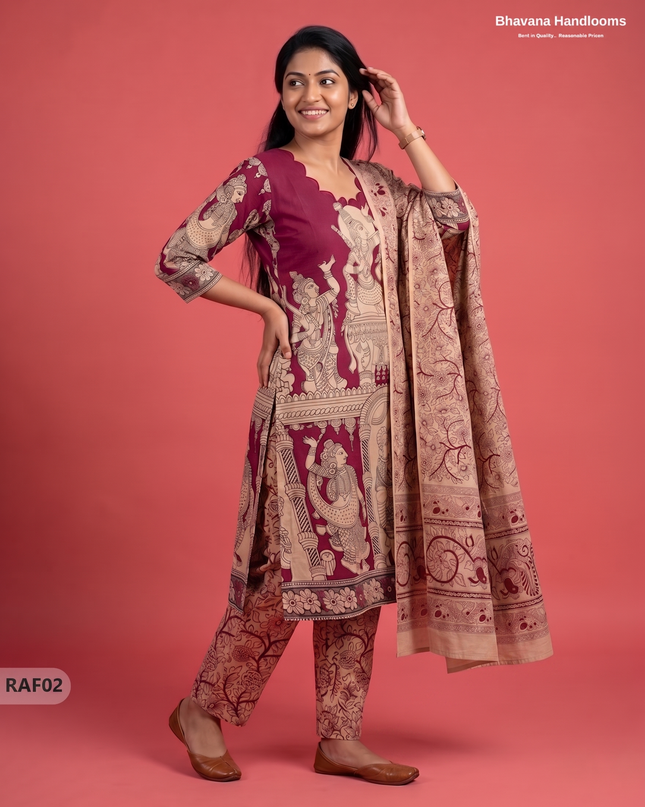 Premium Kalamkari Ramayanam Design 3PC Kurti Set with Elastic Bottom | Wine Maroon Ethnic Wear