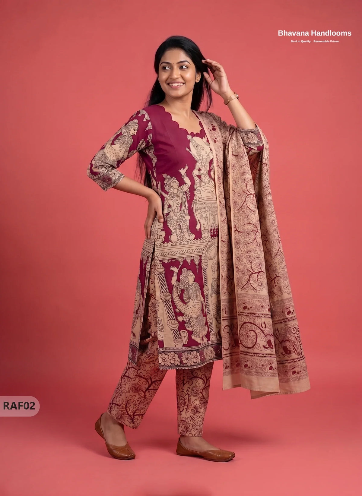 Premium Kalamkari Ramayanam Design 3PC Kurti Set with Elastic Bottom | Wine Maroon Ethnic Wear