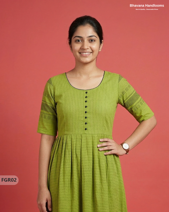 Summer Special Premium Cotton Handloom Frock with Woven Design | Parrot Green Colour